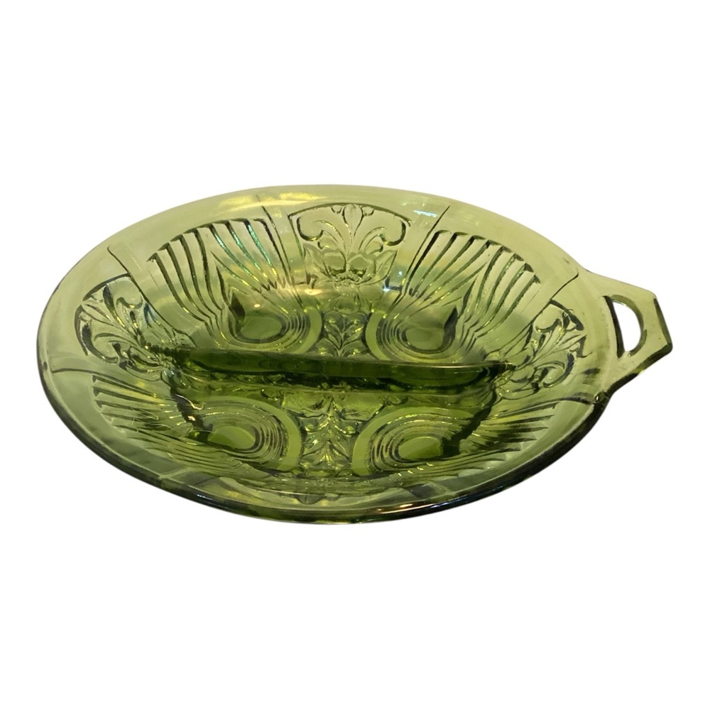 Vintage Indiana Glass Killarney Avocado Green Divided Relish Dish w Handle